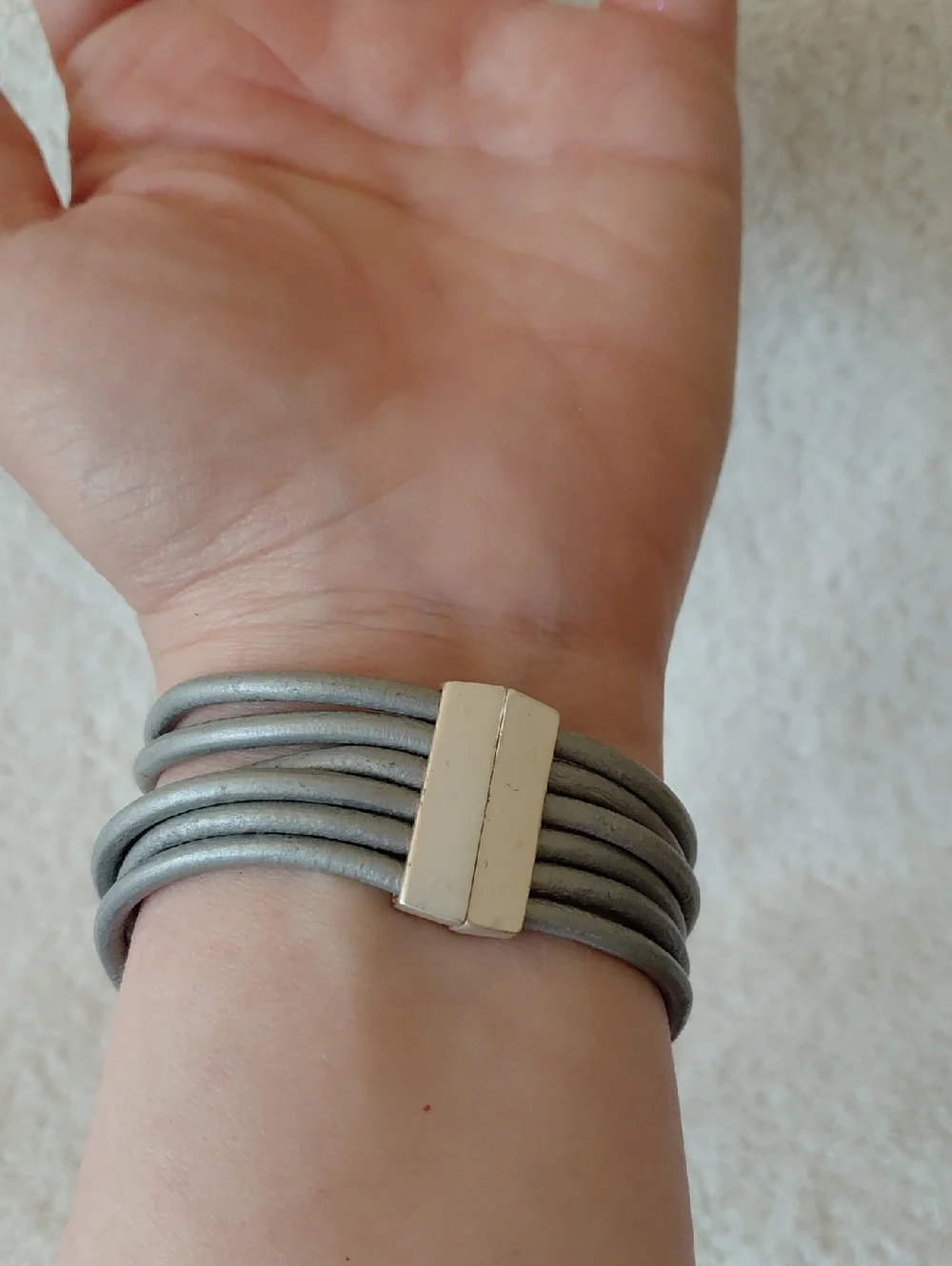 Multi-Strand Gray Leather and Gold Bracelet with Crystal Accent
